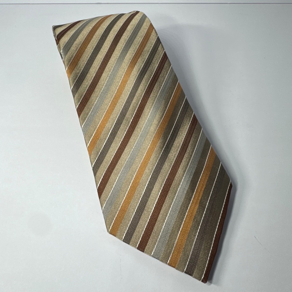 Geoffrey Beene Men's Brown Tan Striped 100% Silk‎ Hand Made Necktie Tie NWT EUC